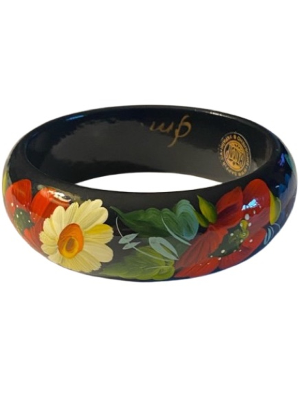 Traditional Ukrainian Hand-Painted Lacquered Wooden Bangle Bracelet Floral